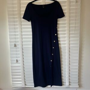 Forever 21 Midi Dress Navy Blue T Shirt Style Gold Buttons Leg Slit Medium
